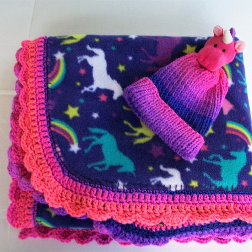 Hand Crafted Blanket Purple Pink Ombre Unicorn Fleece Twin Bedding Knit Crochet